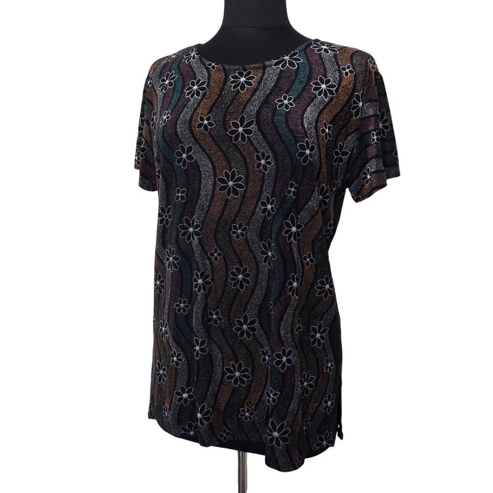 Vintage‎ Beverly Rose Metallic Knit Daisy Wavy Striped Floral Top Short Sleeve L